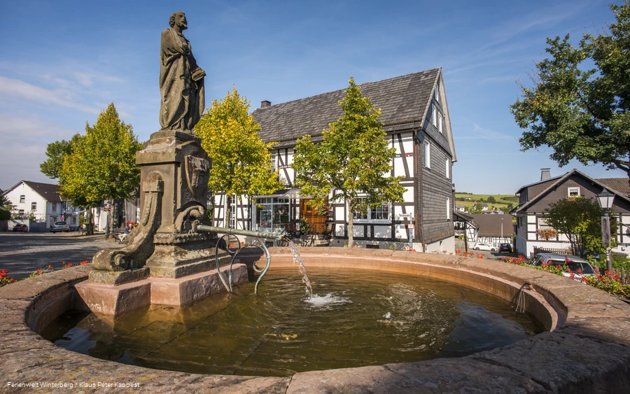 Brunnen umgeben von Fachwerkhäusern.
